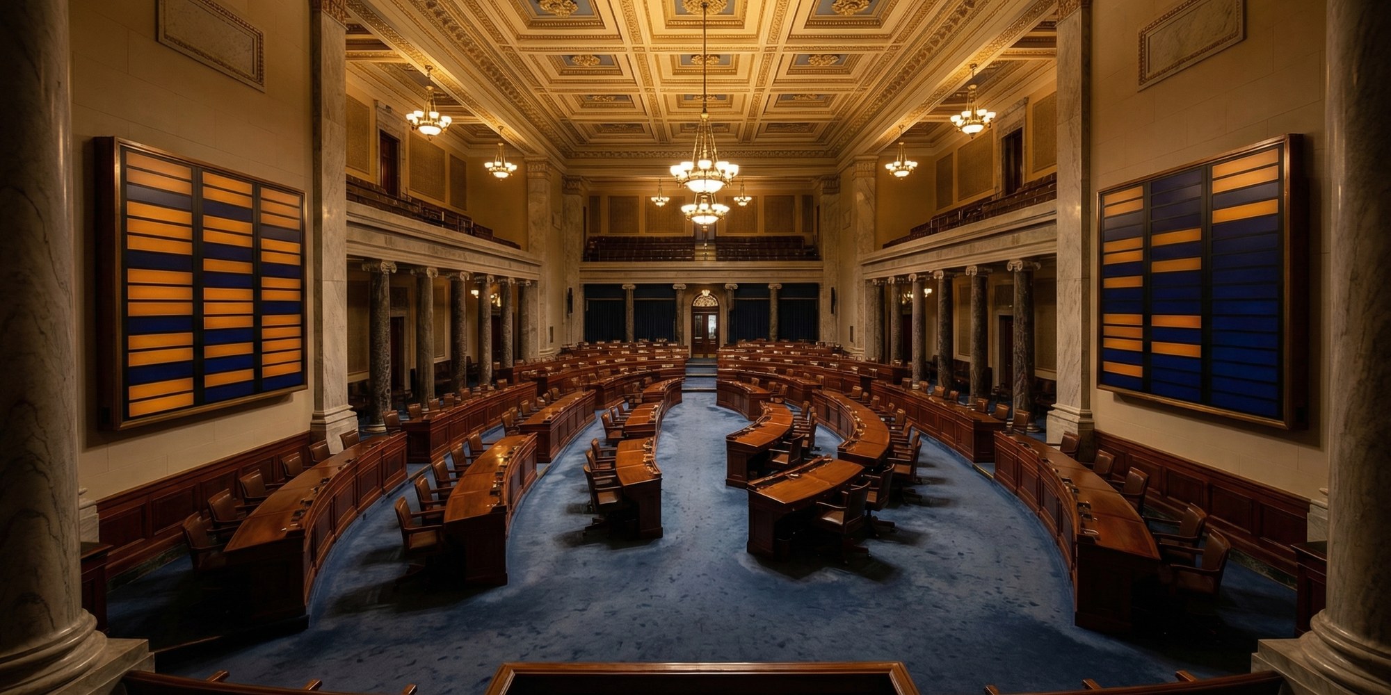 Empty U.S. House of Representatives chamber viewed from the gallery, semicircular mahogany desks under warm amber institutional lighting with illuminated vote tally display panels on sidewalls