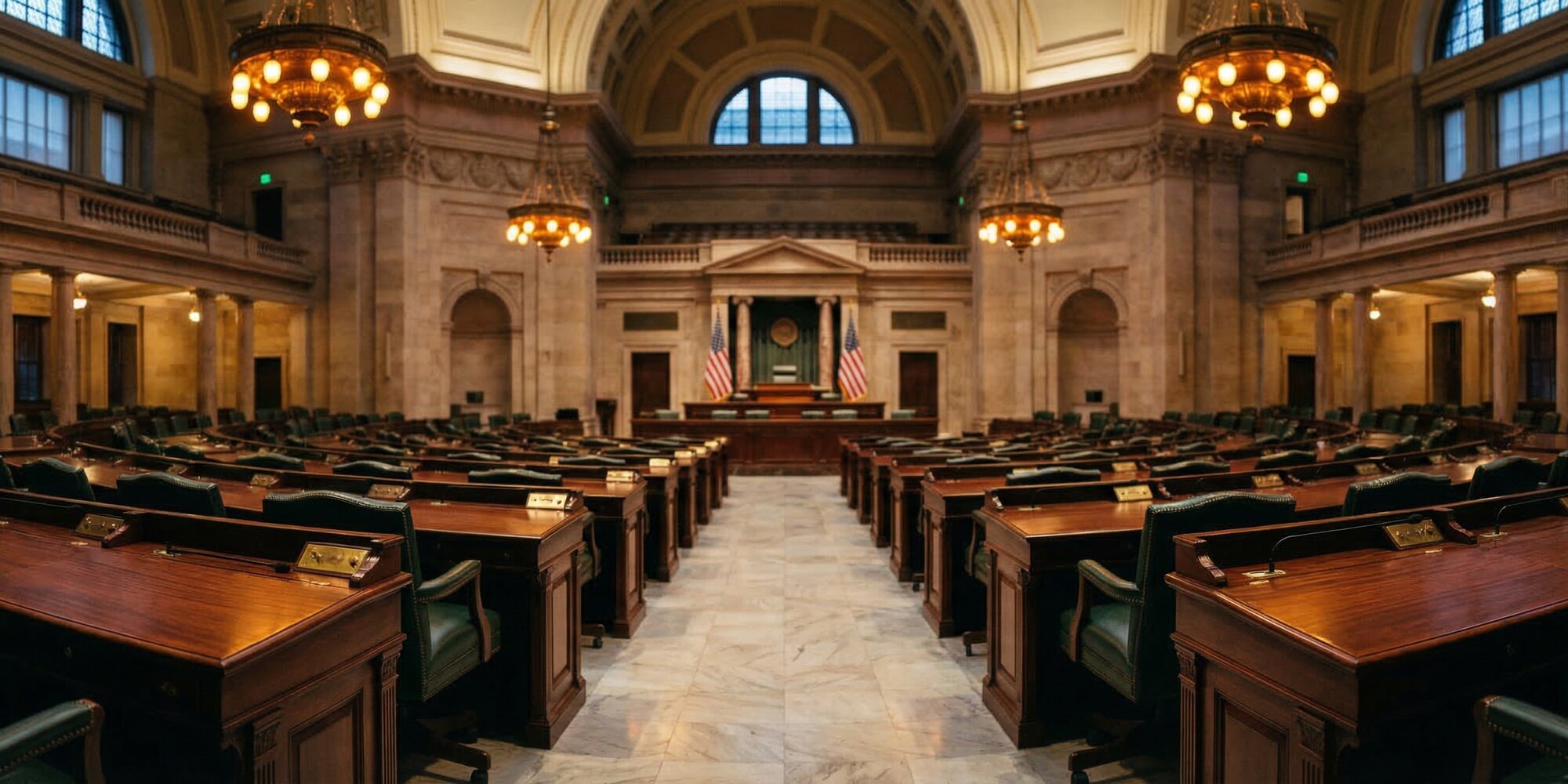 Wide-angle view of an empty legislative chamber interior with wooden desks arranged symmetrically on both sides of a central aisle, warm institutional amber lighting, marble floors, and a raised podium in the distance