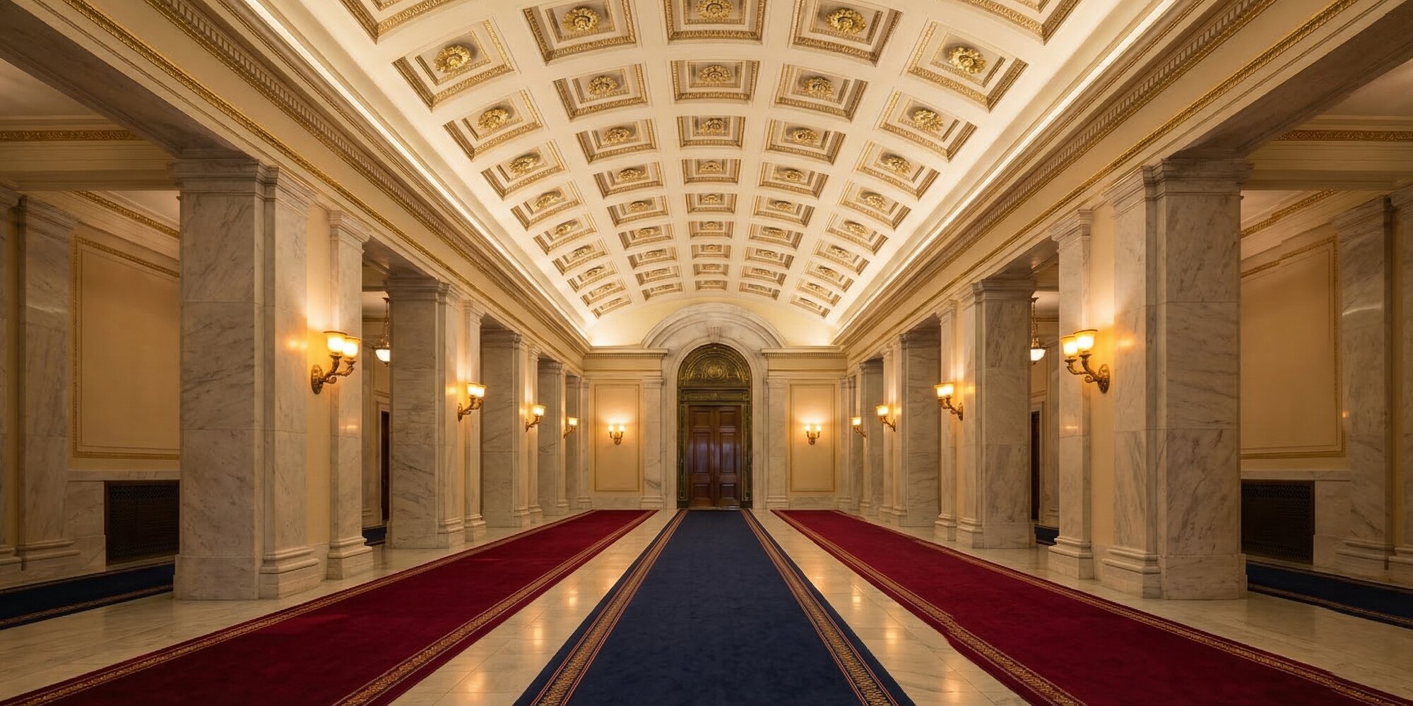 Wide-angle view of a marble corridor inside the United States Capitol building with alternating crimson and navy carpet runners converging toward an arched bronze doorway, ornate gilded ceiling and warm amber sconce lighting