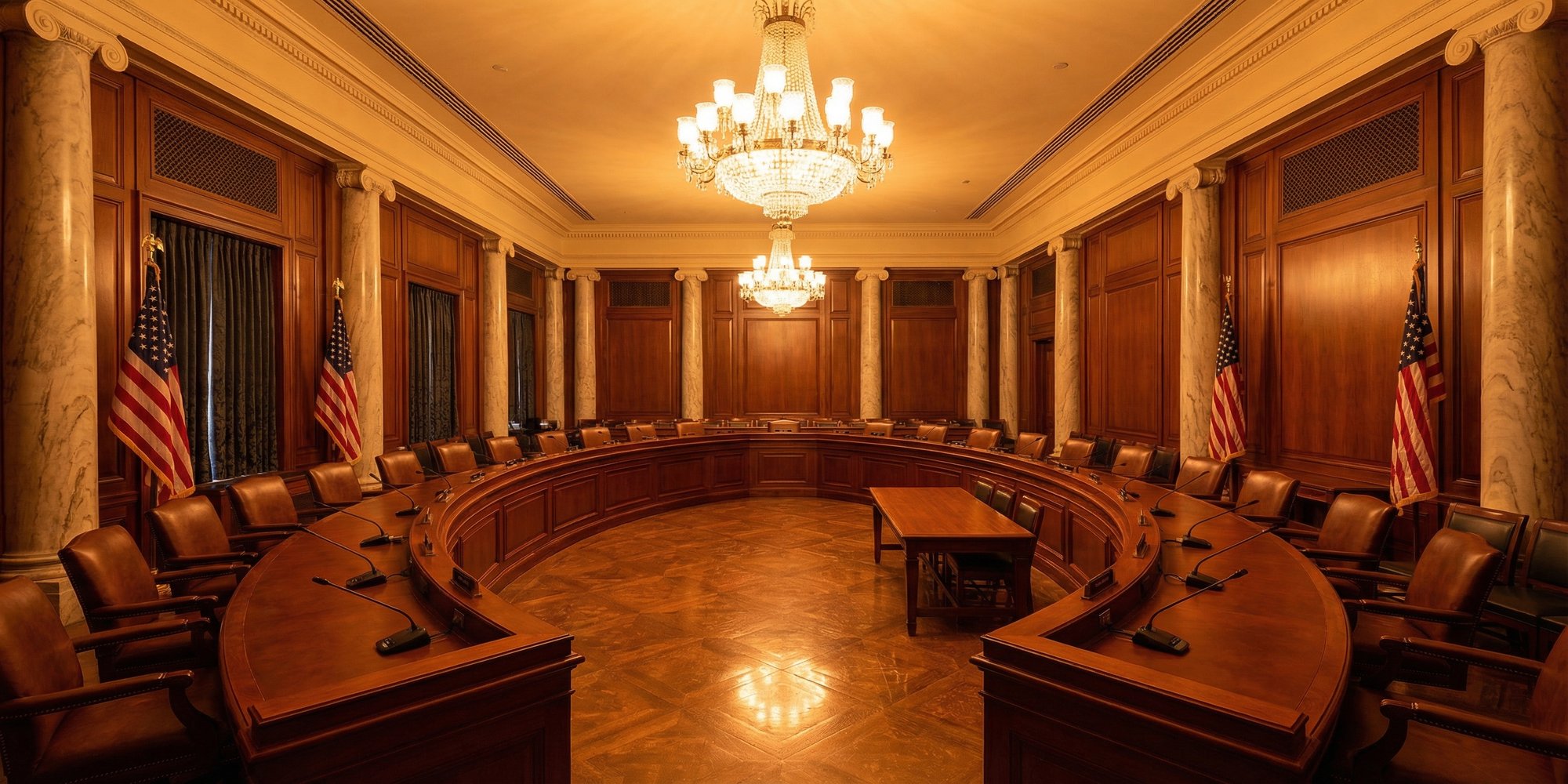 Empty U.S. Congressional committee hearing room with curved wooden member dais and empty witness table under warm amber chandelier lighting, marble walls and American flags flanking wood-paneled walls