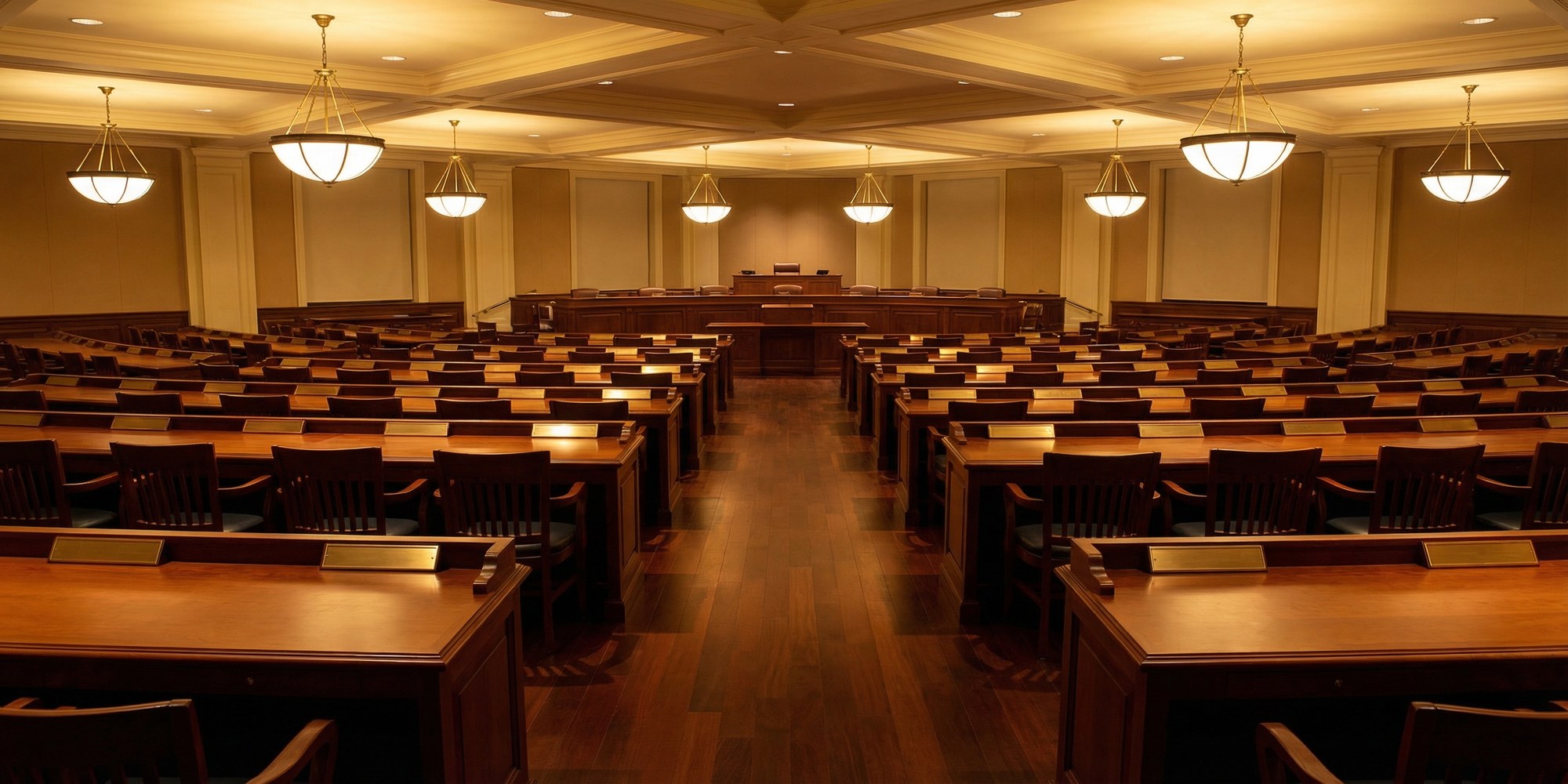 Empty congressional voting chamber with rows of vacant wooden desks under warm amber institutional overhead lighting, no people present