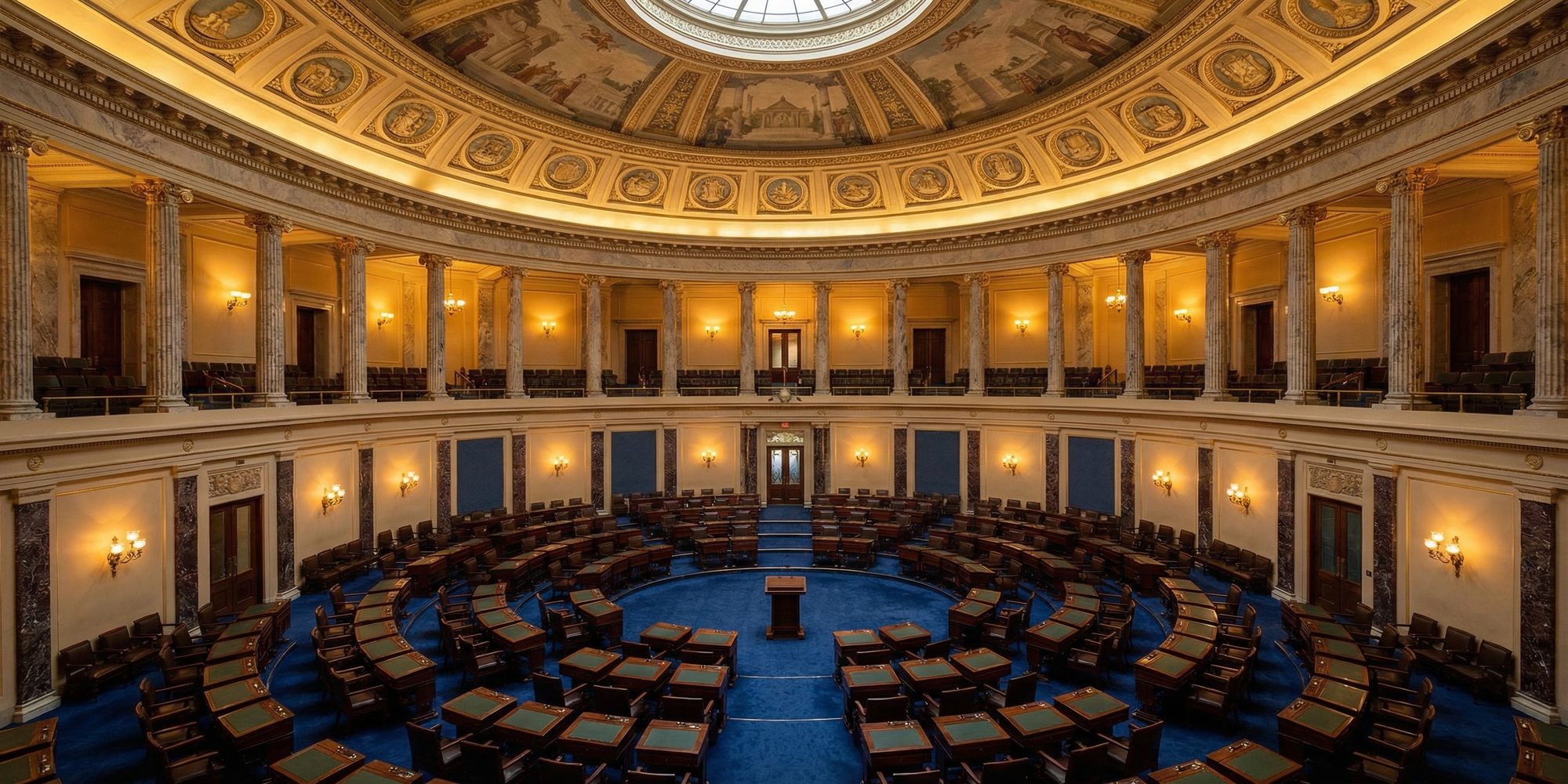 Interior view of an empty U.S. legislative chamber from an elevated angle, rows of ornate wooden desks in semicircular formation under warm amber lighting