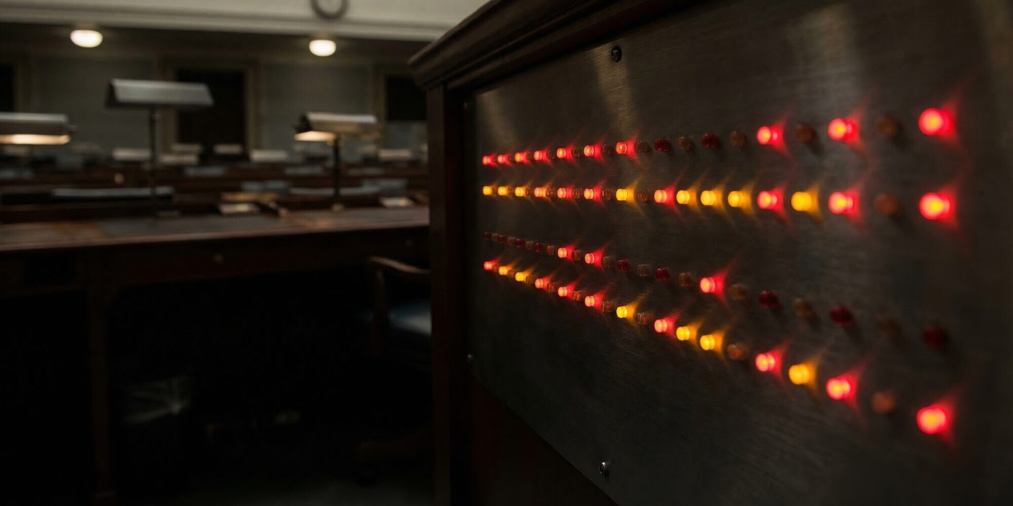 Close-up of a Senate electronic voting tally panel with rows of amber and red LED indicator lights on a dark brushed-metal surface, empty legislative chamber visible in soft focus in the background