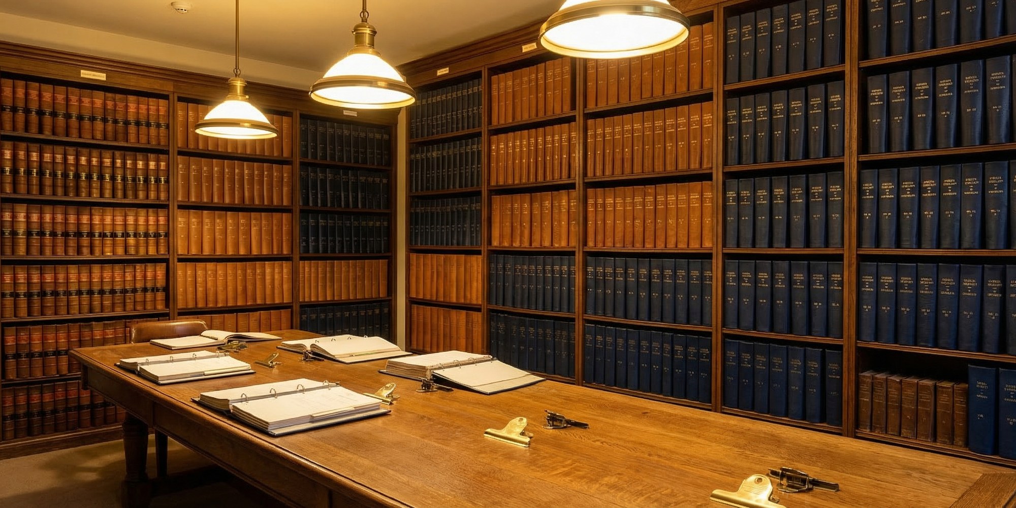 Rows of leather-bound government ledgers and document binders on wooden archive shelves under warm institutional amber lighting