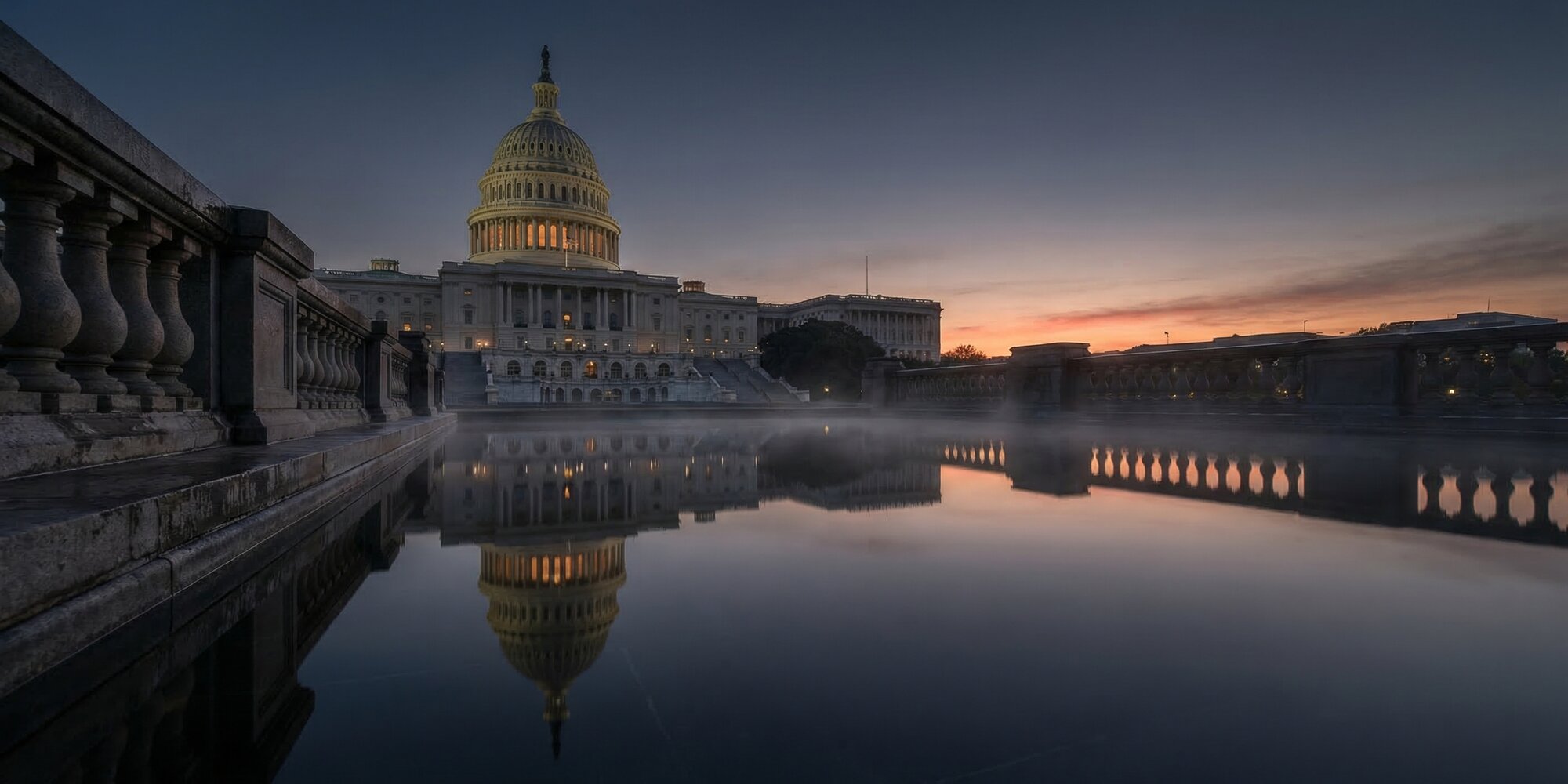 The U.S. Capitol reflecting pool at early dawn, the Capitol dome mirrored in still dark water under a deep indigo sky with the first hints of morning light on the horizon, atmospheric mist rising from the water surface