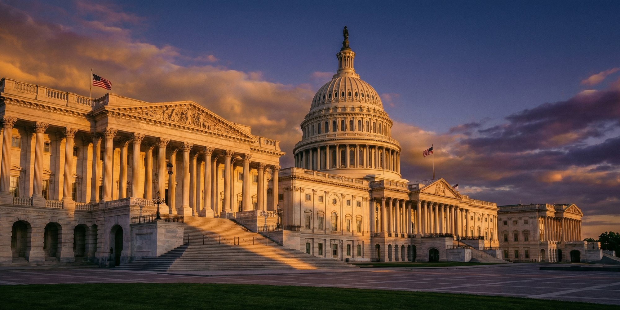 U.S. Capitol building at golden hour, marble steps and neoclassical columns bathed in warm amber light, dome rising against deep twilight sky