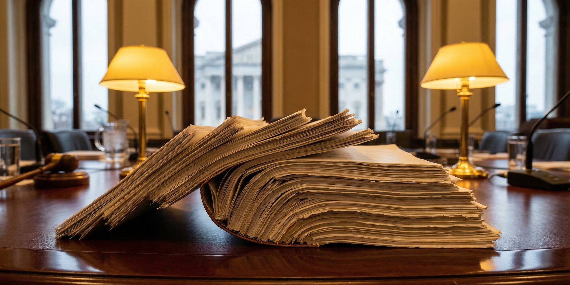 Stack of legislative documents fanned across a polished conference table in a congressional committee room, warm institutional lighting and architectural details visible through tall windows in the background
