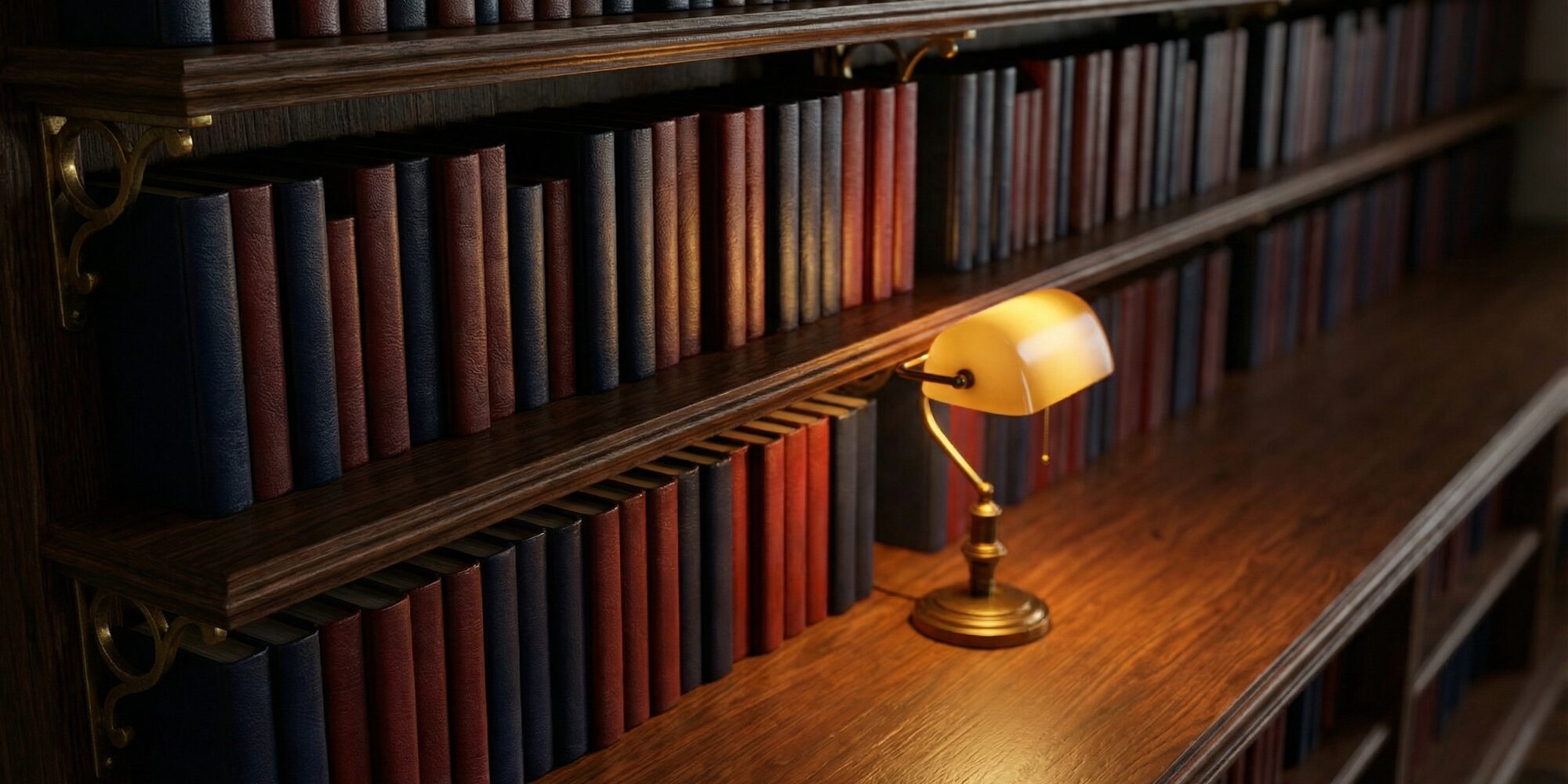 Two alternating rows of navy-blue and deep-red leather-bound books on polished dark wood library shelves, lit by warm amber lamp light
