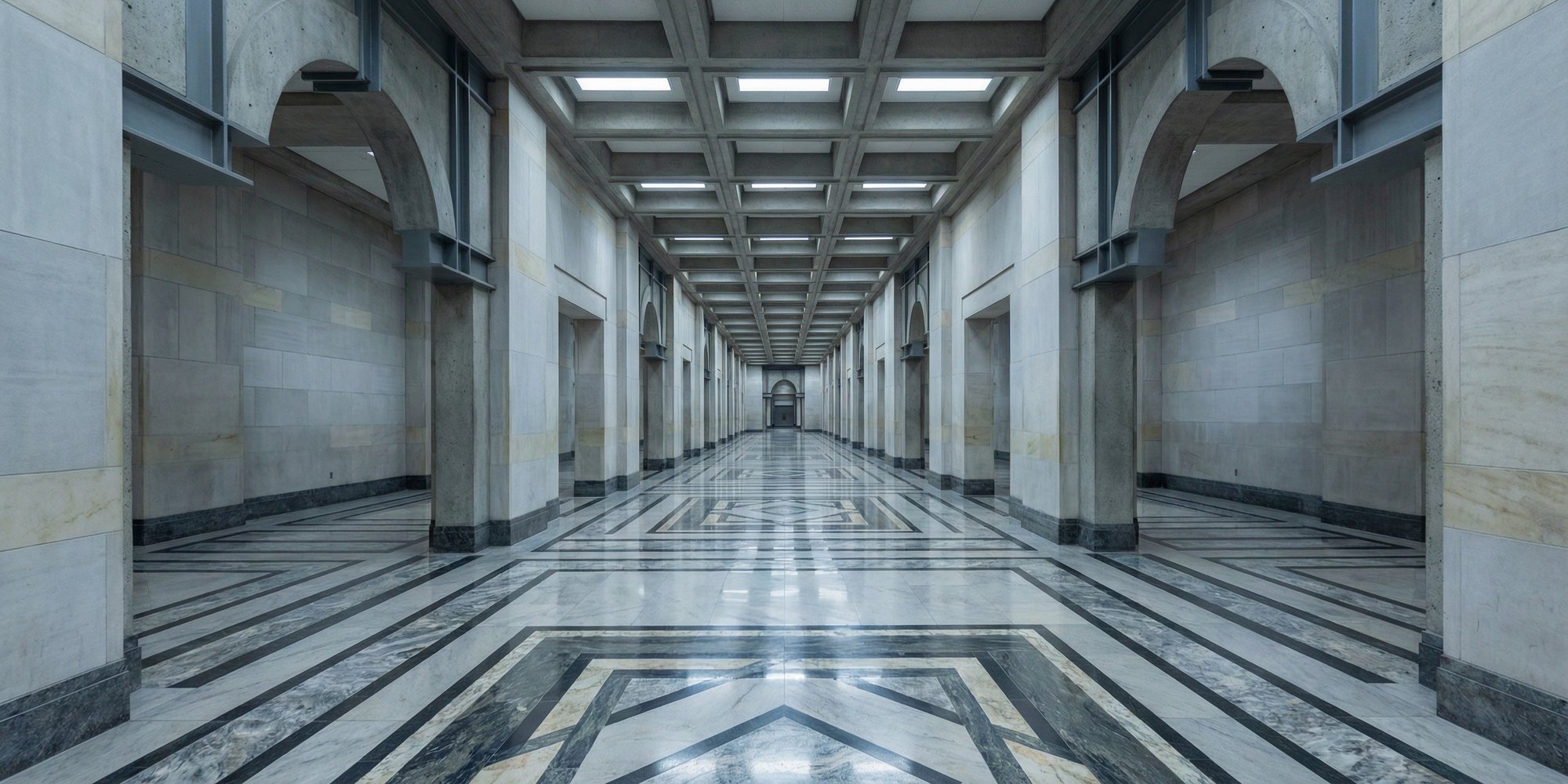 Government document archive shelves lined with rows of official federal budget binders in institutional gray and blue tones under fluorescent lighting