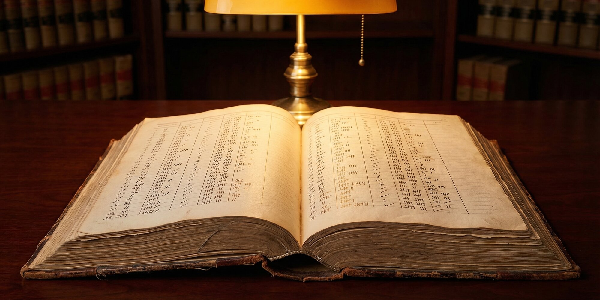 Two open congressional voting record books on a dark mahogany desk under warm amber lamp light, pages covered in tally columns and deliberate marks