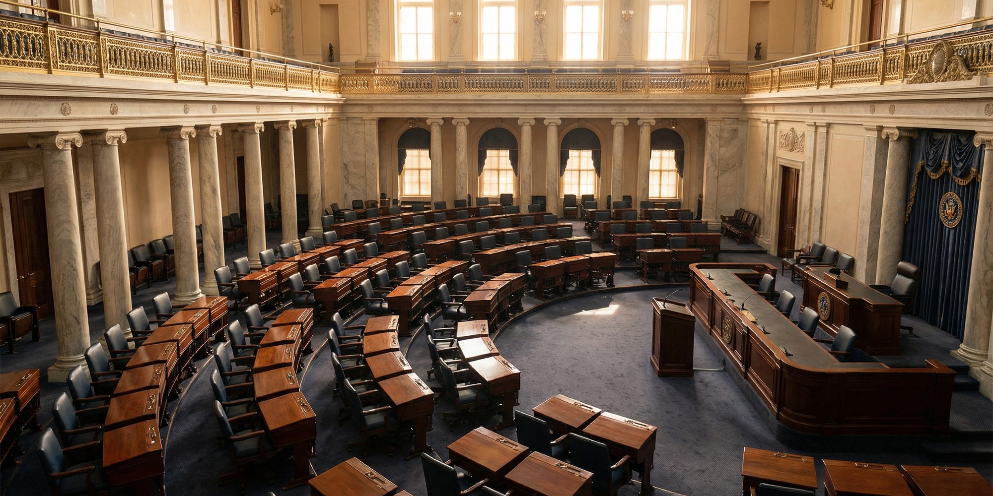 Empty Senate-style chamber with curved rows of desks, marble columns, and soft daylight from upper windows.