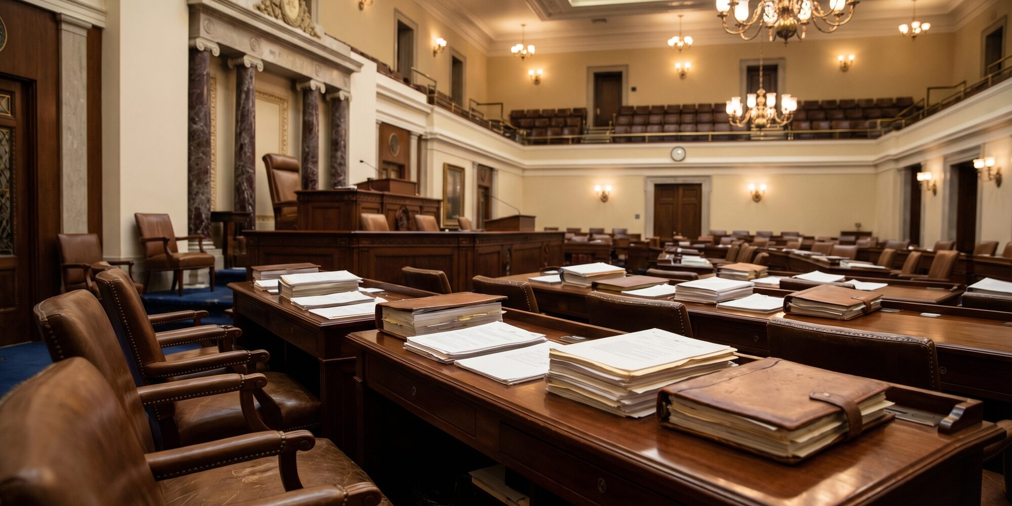 Rows of empty U.S. House chamber desks with stacked legislative documents under warm ceiling lighting.