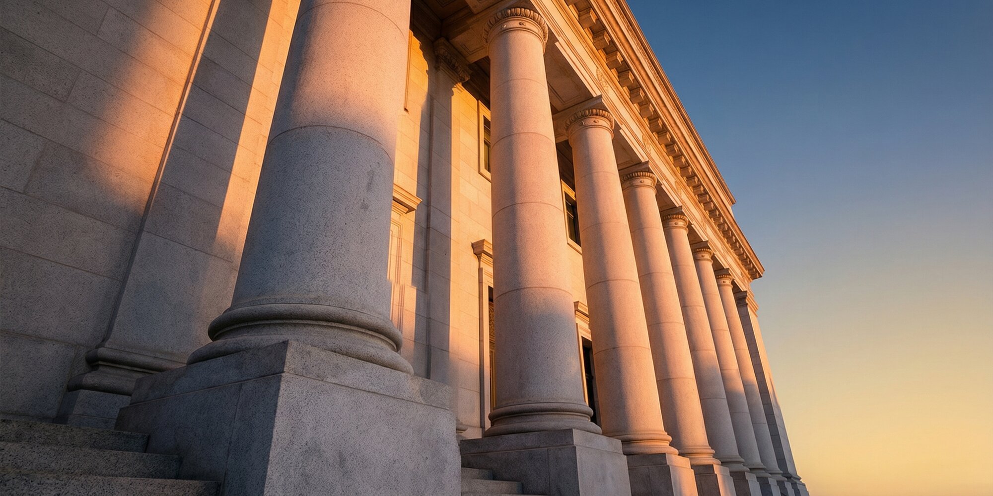 Stone neoclassical columns of a federal courthouse photographed from below at golden dawn, warm amber light casting long shadows across pale stone facades