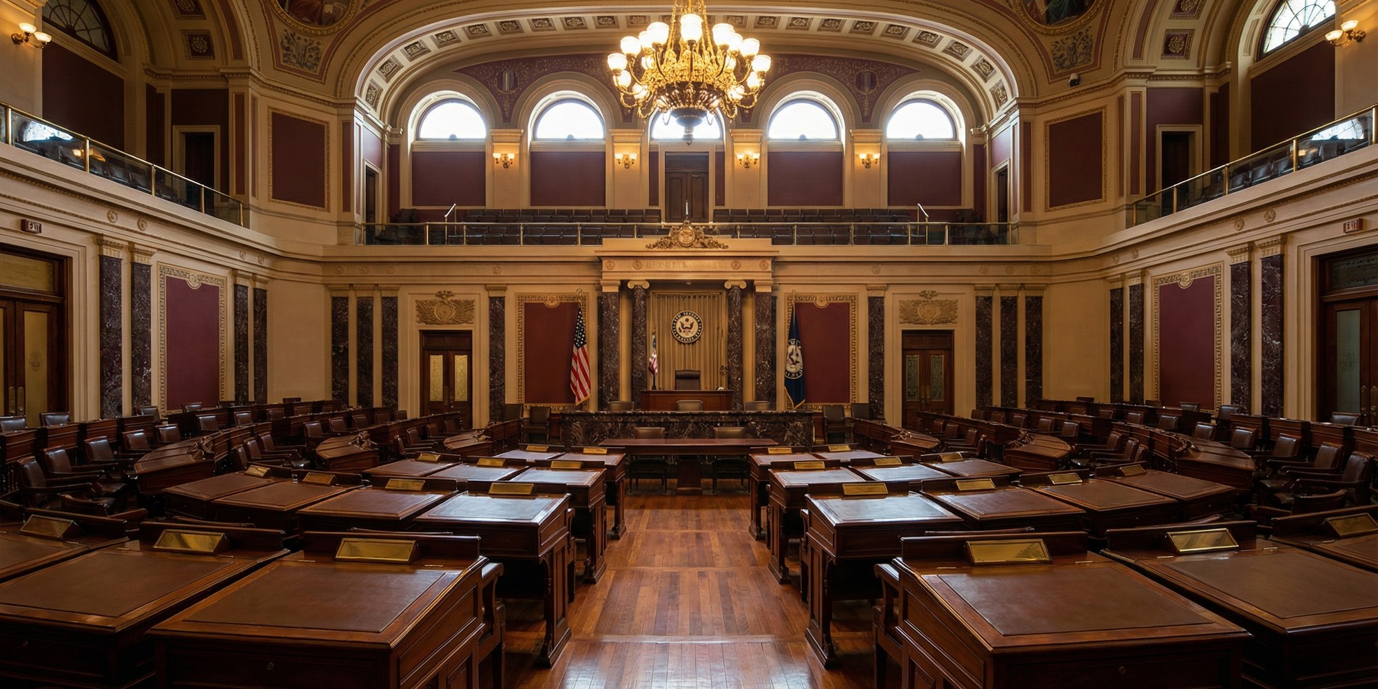Empty United States Senate chamber viewed from the floor, curved rows of mahogany desks in a semicircle