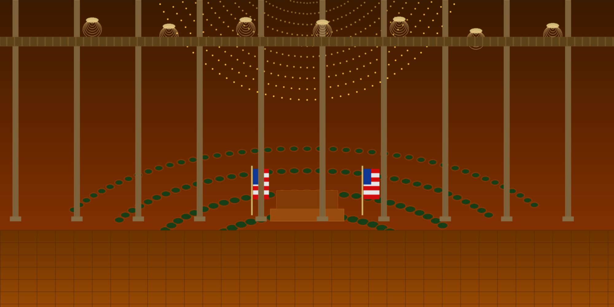 Empty United States Senate chamber interior with mahogany desks in semicircular rows and warm institutional lighting