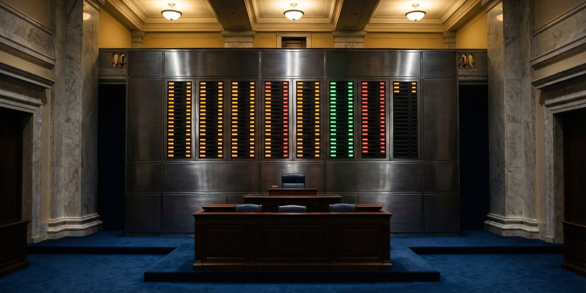An empty Senate chamber voting tally board with illuminated LED indicator columns in amber and red geometric rows on dark brushed steel panels, marble pilasters and deep blue carpet visible in the background