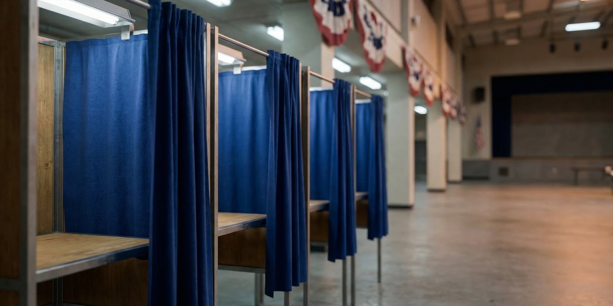 A row of empty voting booths with blue privacy curtains inside a large civic hall, warm overhead lighting and American flag bunting visible in the background