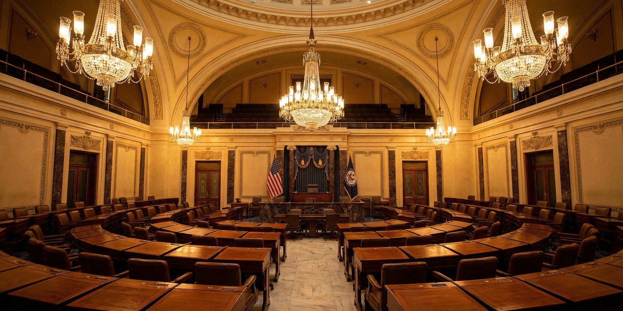 Empty United States Senate chamber with semicircular rows of mahogany desks under golden chandeliers, American flags flanking the presiding officer's dais