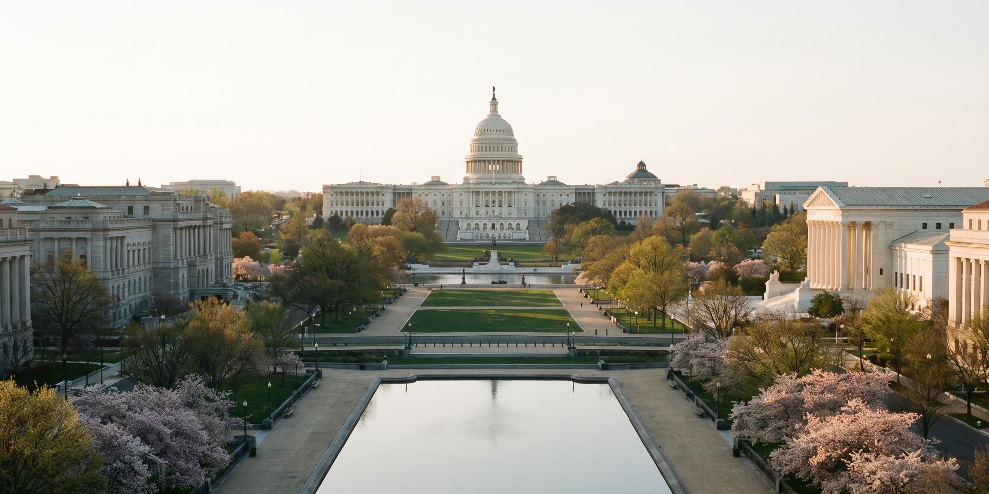 Wide morning view of the U.S. Capitol with empty walkways and a pale spring sky.
