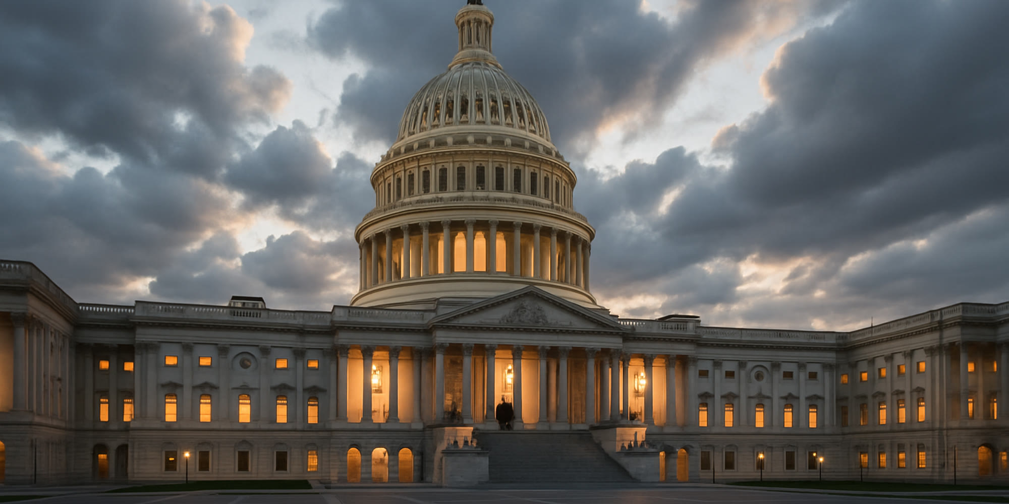 Wide evening view of the U.S. Capitol with lit windows and dark spring clouds overhead.