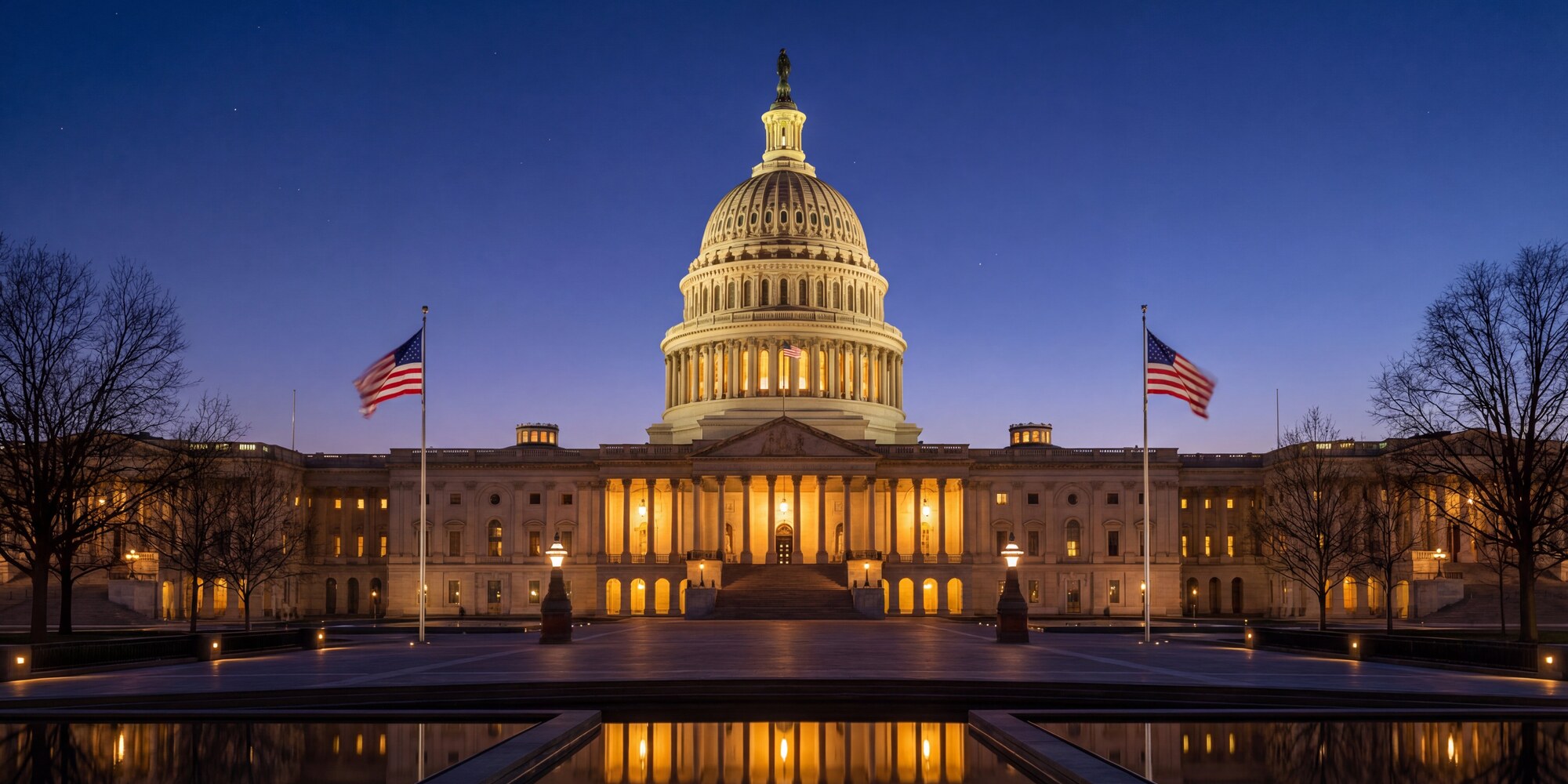 Wide-angle photorealistic view of the U.S. Capitol building exterior at dusk, marble steps and colonnaded facade glowing with amber floodlights against a deep indigo twilight sky